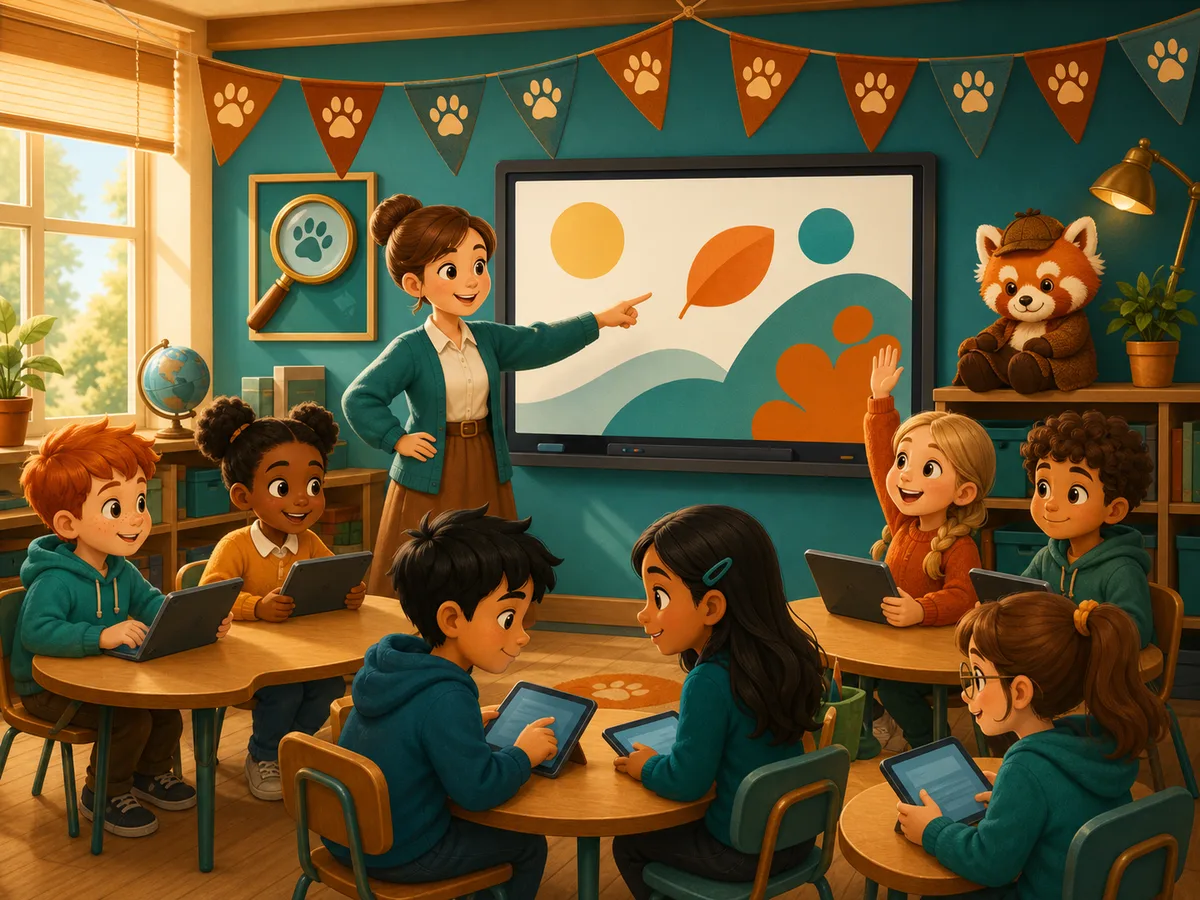 Illustration of a Key Stage 2 classroom: a teacher beside a display board while children work at tables with tablets, paw-print bunting overhead.