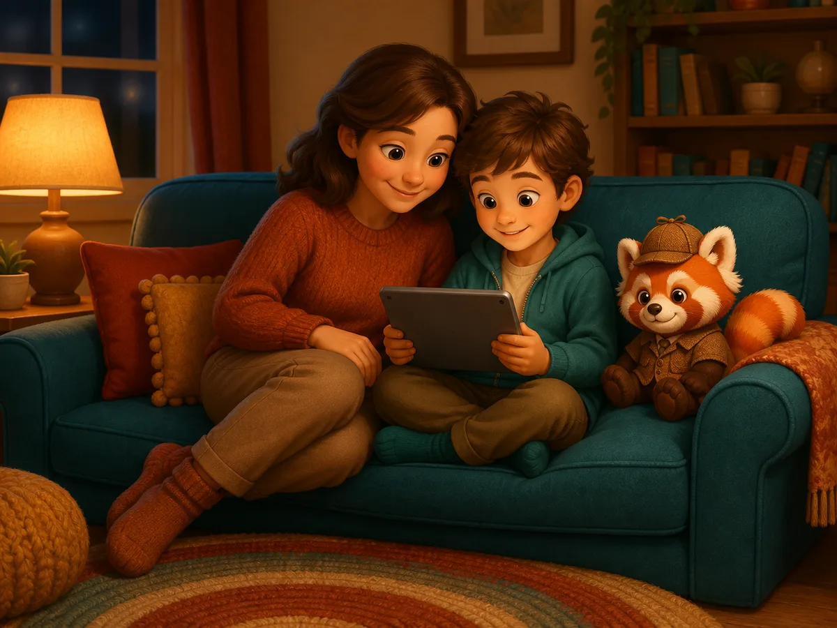 Illustration of a parent and child smiling at a tablet together on a teal sofa, a plush Pip toy beside them.