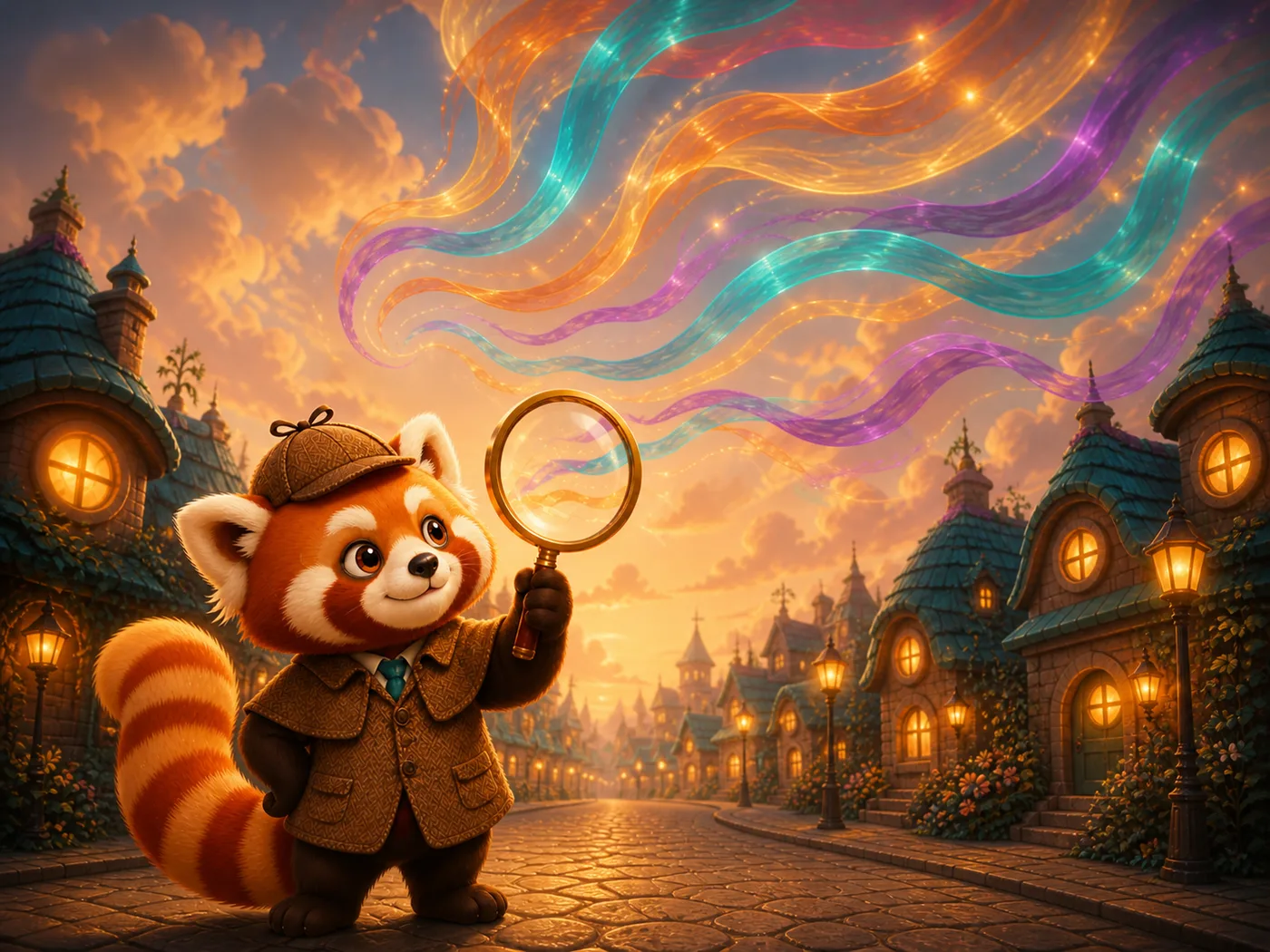 Pip the red panda detective on a lamplit Pattern City street at dusk, raising his magnifying glass as glowing ribbons of colour swirl through the sky above the rooftops.